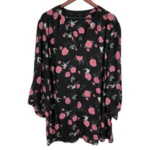 Torrid Plus Size 6X Black Pink Birds Roses Lightweight Blouse Shirt Top Formal